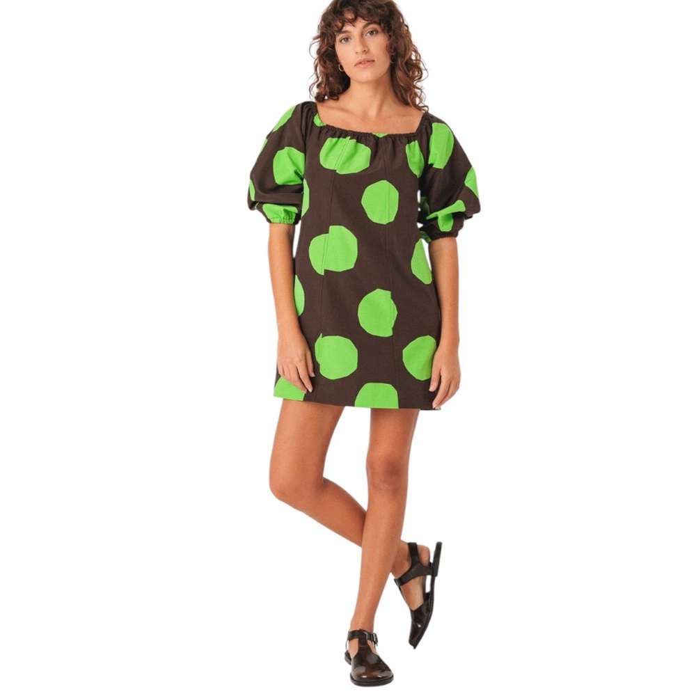NWT SKFK Skunkfunk Silbane Brown Green Abstract Off Shoulder Mini Dress Size 6